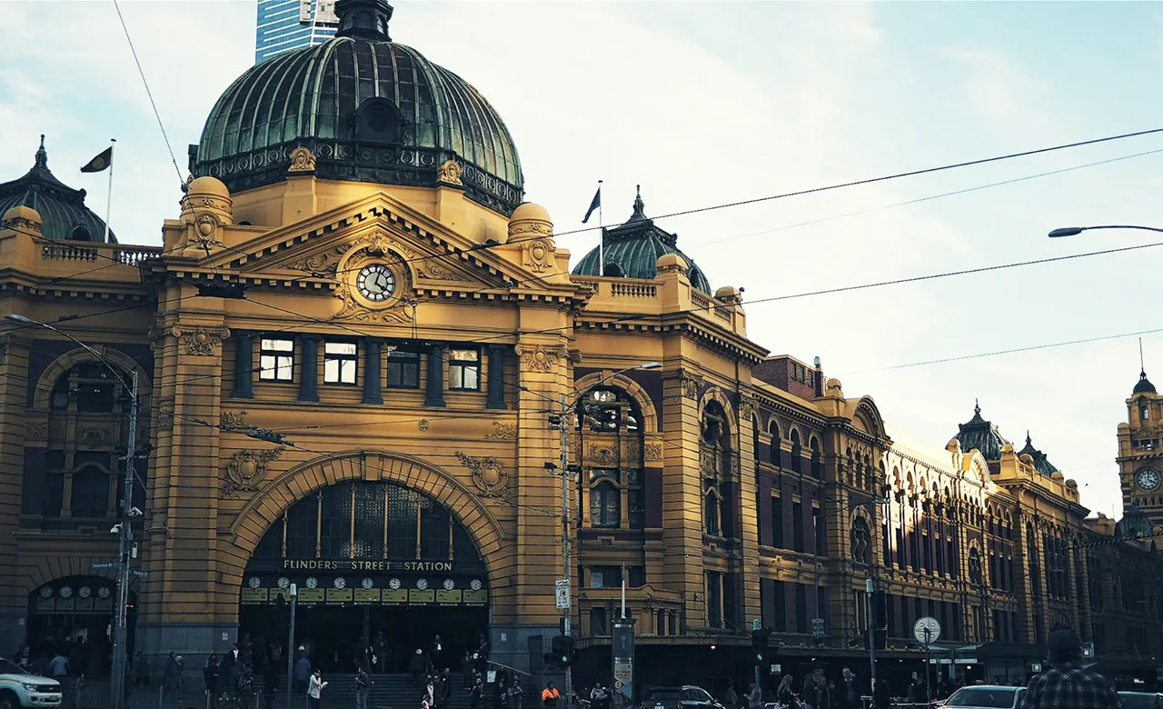 A streetside view of Flinders Street Railway Station, Melbourne, Australia