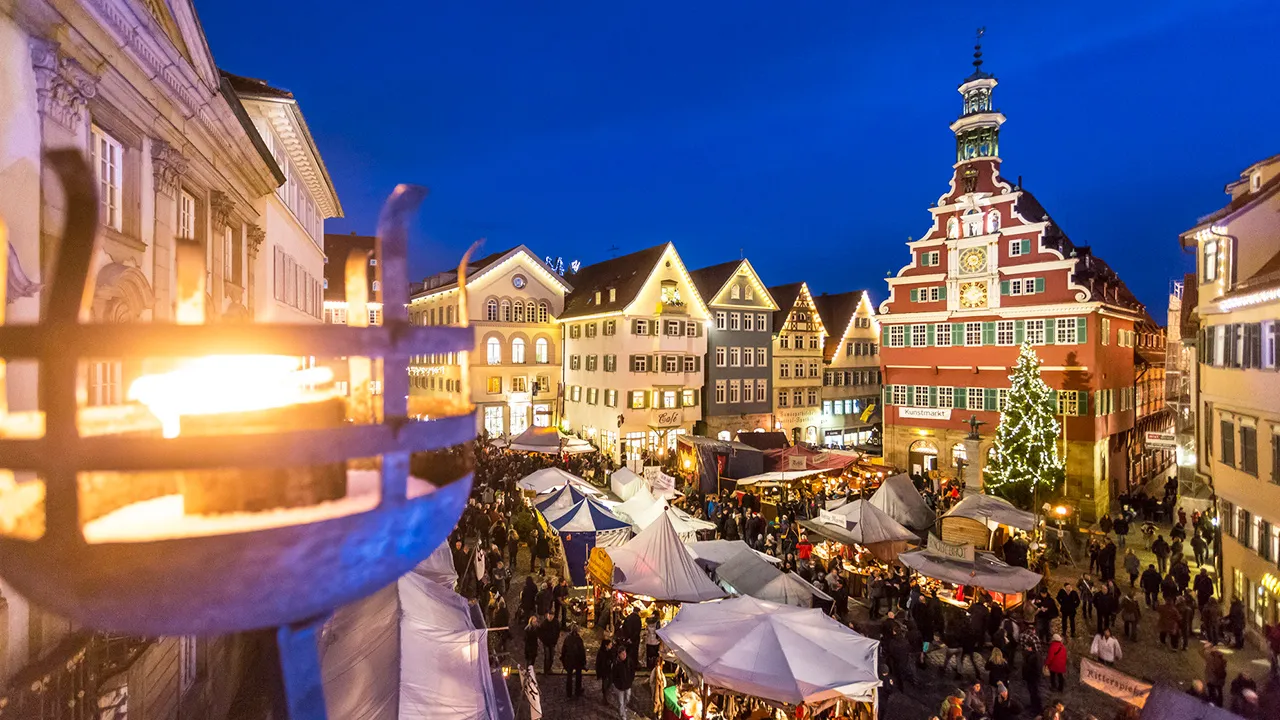 A bird’s eye view of the Esslingen medieval market in Germany