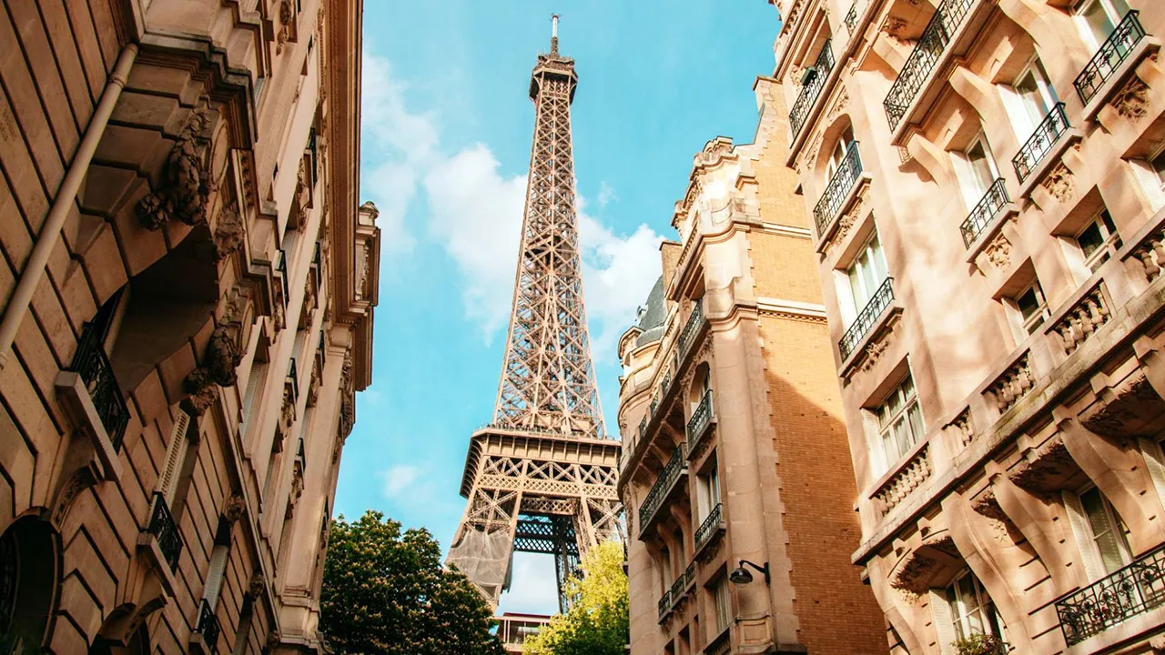 A view of the Eiffel Tower in Paris from a nearby street