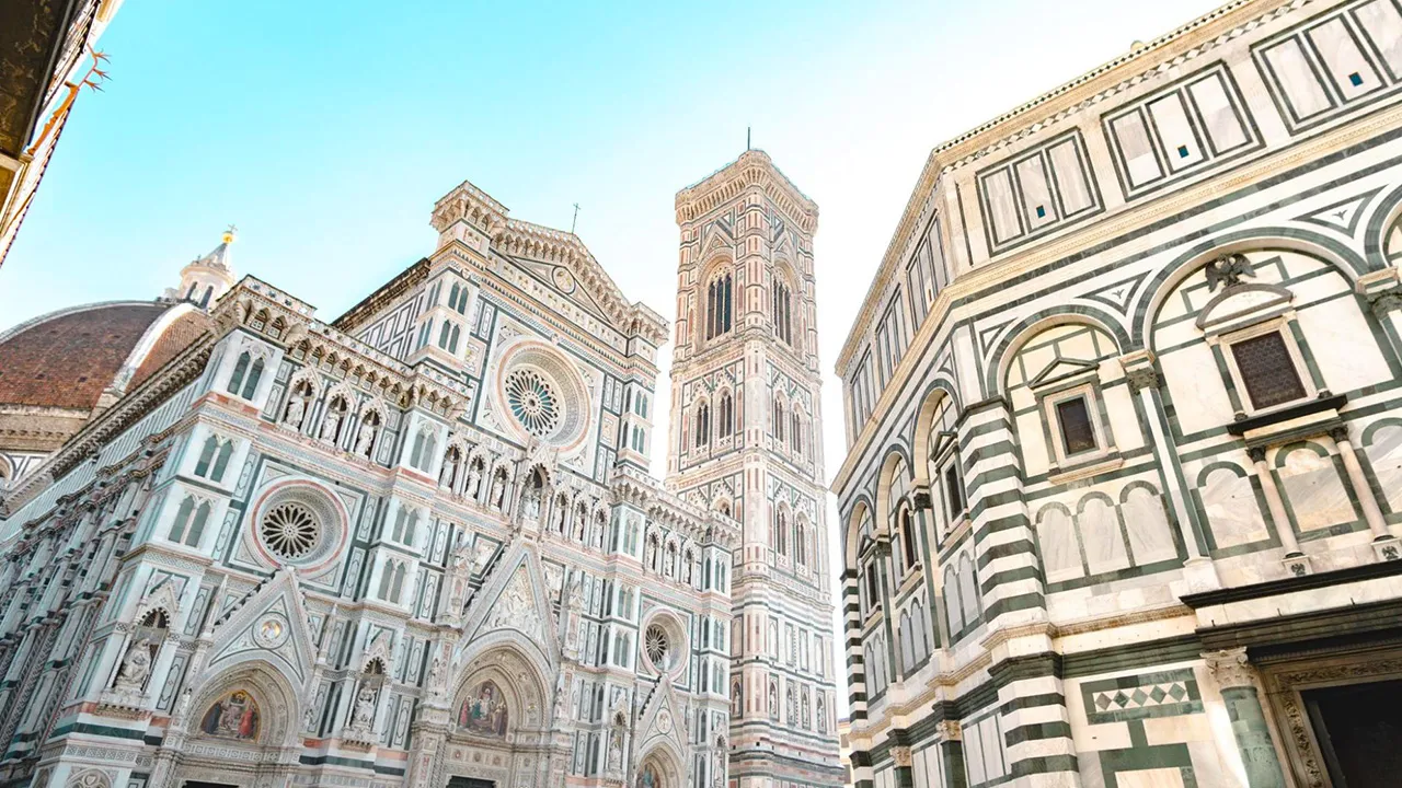 Looking up at the Cathedral of Santa Maria del Fiore and Baptistery in Florence, Italy