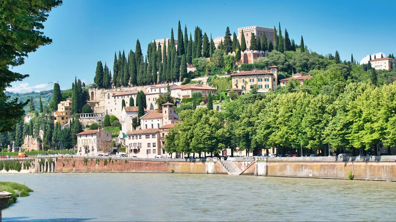 Looking across the river Adage to Teatro Romano, Castel San Pietro in Verona, Italy