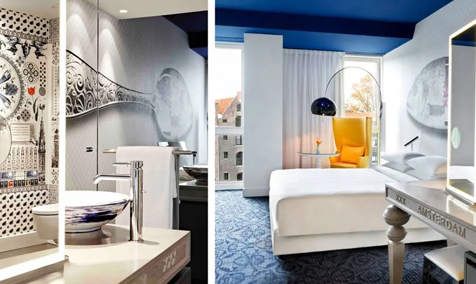 Design flourishes adorn the walls and furniture in Amsterdam’s stylish Hotel Andaz