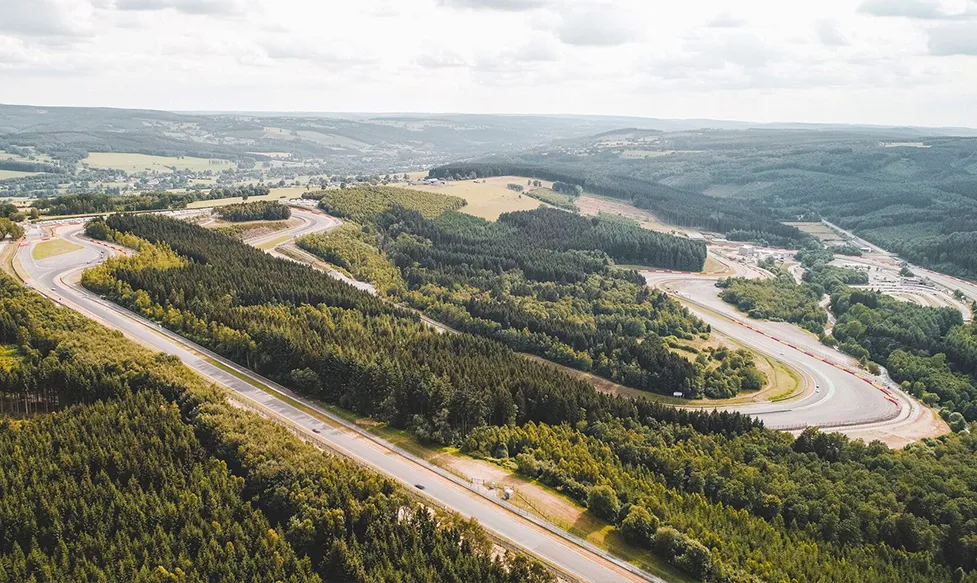 An aerial view of a tight set of corners in the forest at Hockenheim circuit, Germany