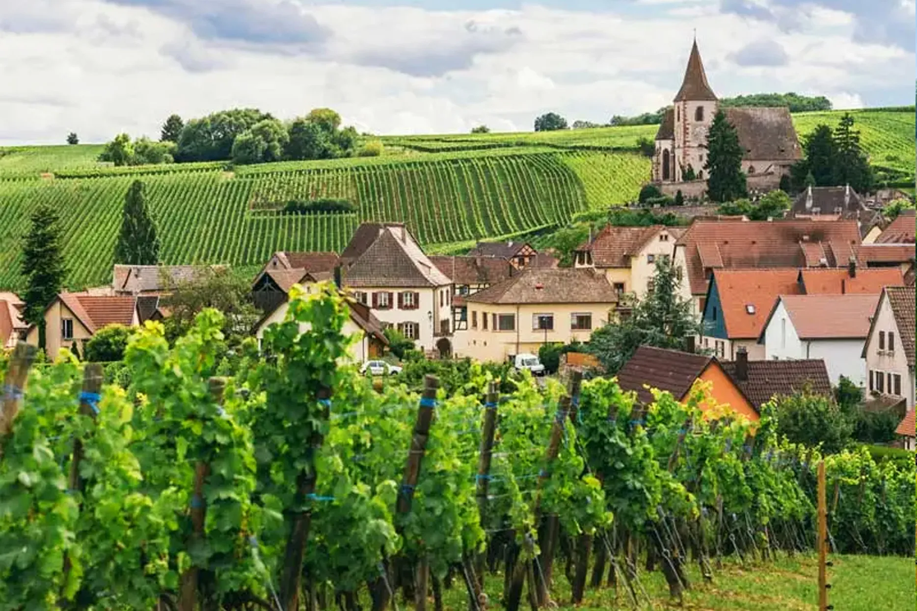 Views over a town in Burgundy, France from a vineyard located on a hill nearby