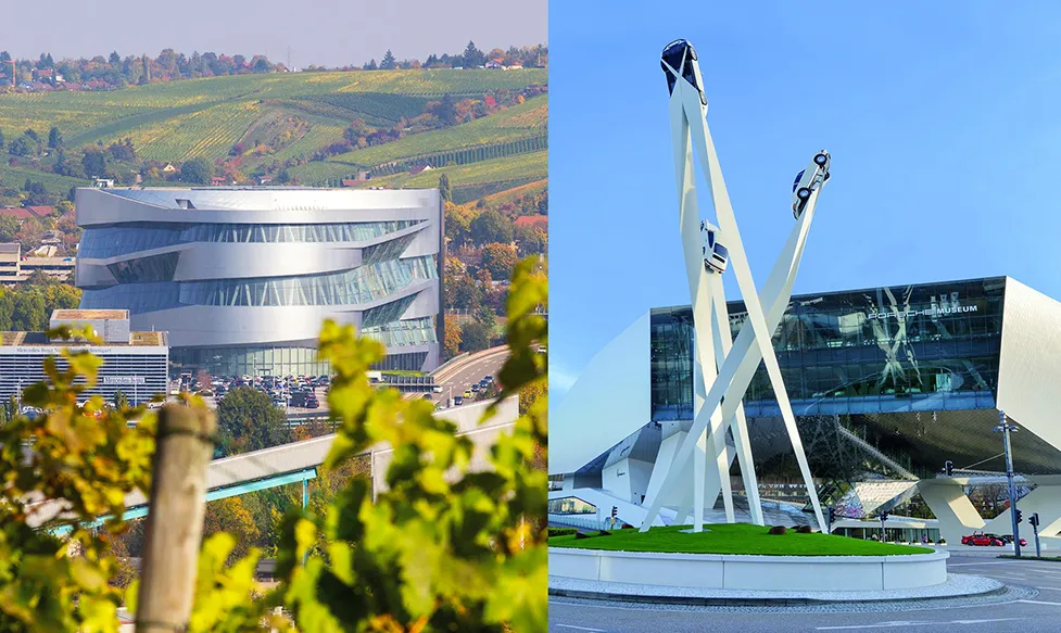 A collage shows the exteriors of the Porsche museum and Mercedes-Benz museum in Stuttgart, Germany