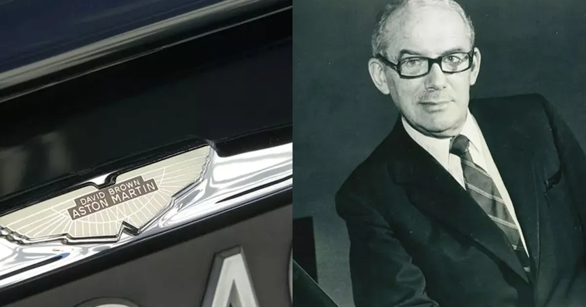 Left, a bonnet badge on a black car with the words David Brown and Aston Martin. Right, David Brown wearing a suit and glasses.