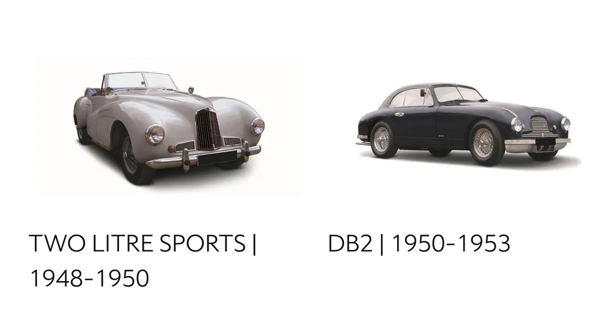 A silver Aston Martin Two Litre Sports and a navy Aston Martin DB2 on a white background with the model names and years of manufacture below.
