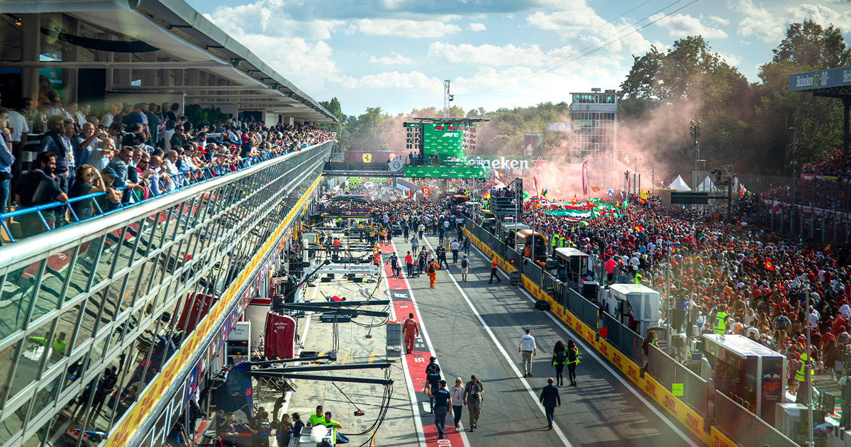 A huge crowd celebrating on the race track with flags waving and red smoke clouds rising at Monza, Italy.