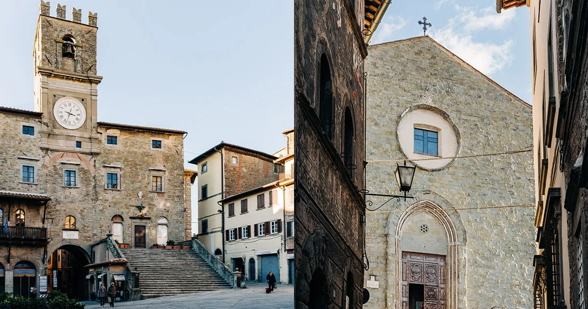 Old stone buildings and a clocktower in Cortona, Tuscany