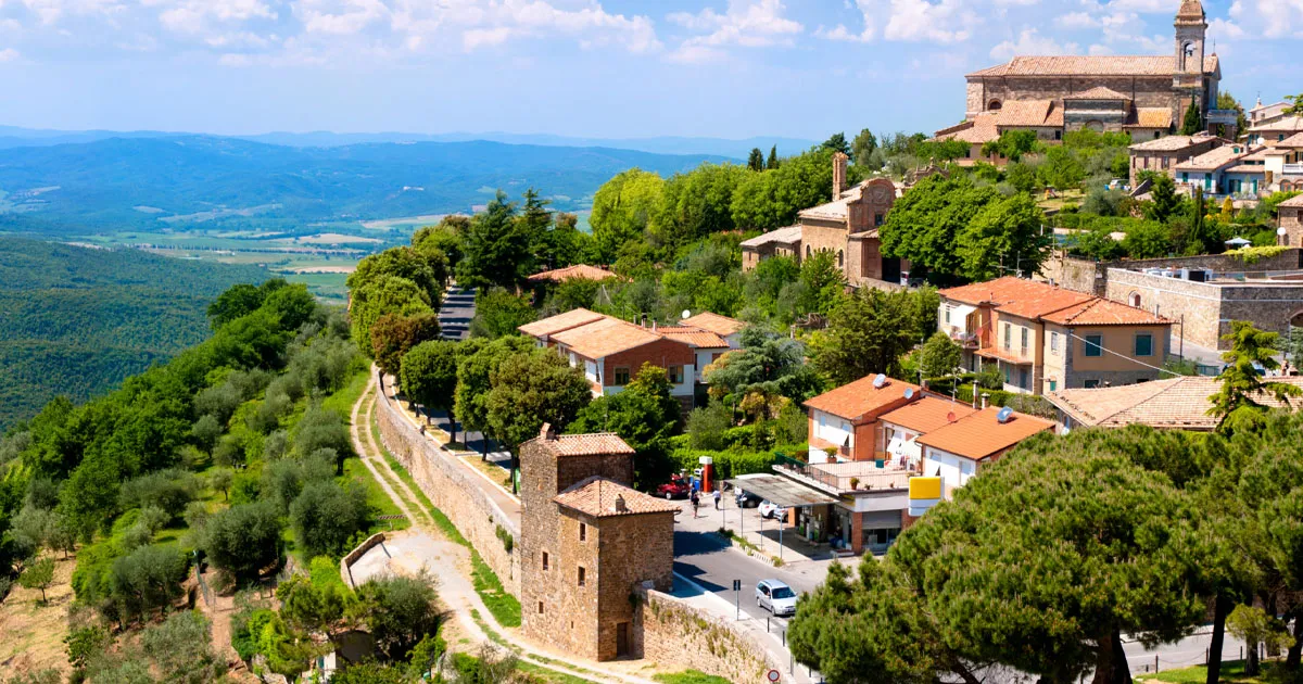 Montalcino, Tuscany overlooking sweeping green valleys