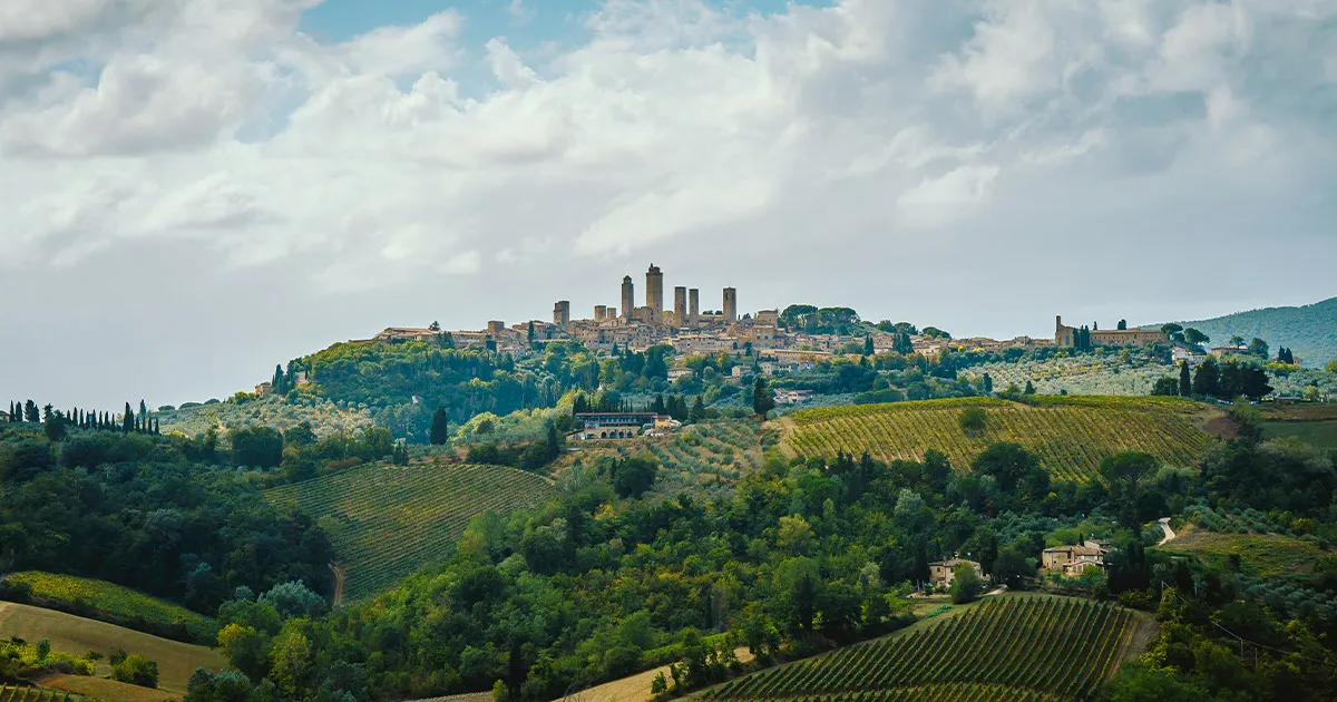 San Gimignano, Tuscany sitting atop the green hills