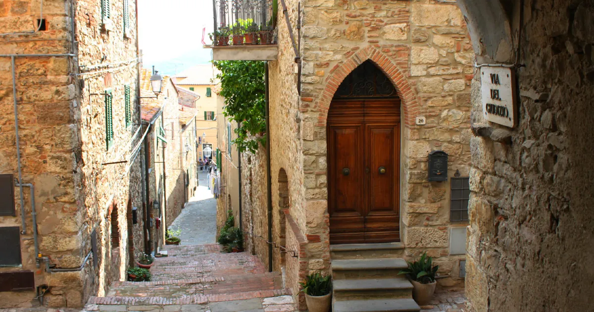 Cobble stone laneways and timber doors in Suvereto, Tuscany