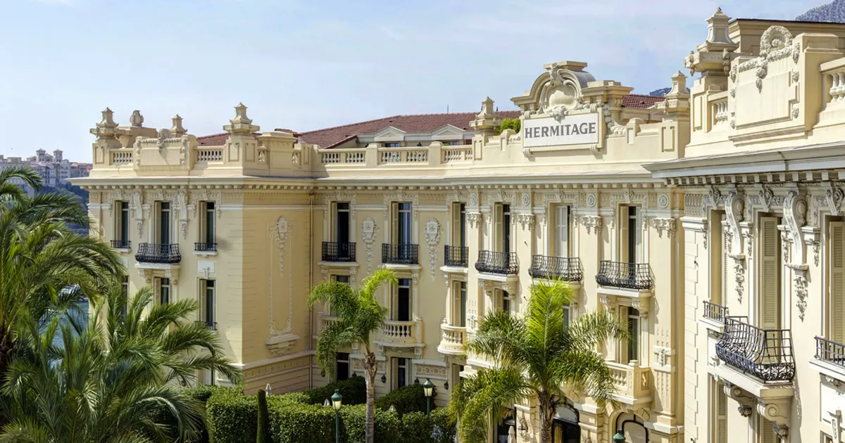 Exterior of the Hôtel Hermitage, Monte Carlo, Monaco on a sunny day.