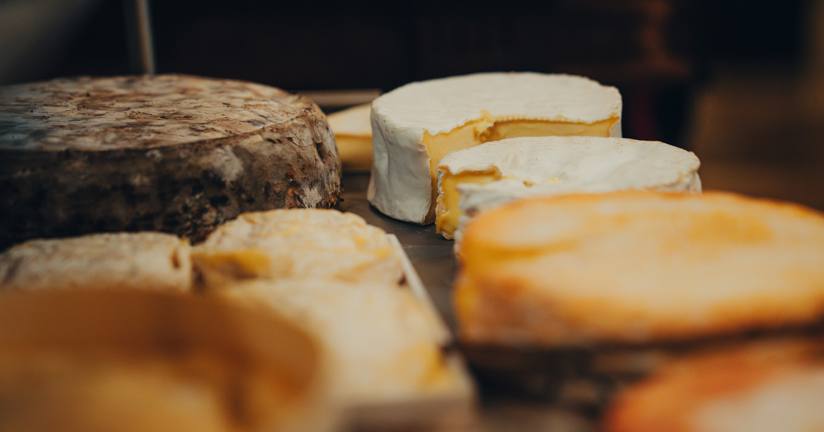 Rich and soft brie, camembert and other washed rind cheeses on a board
