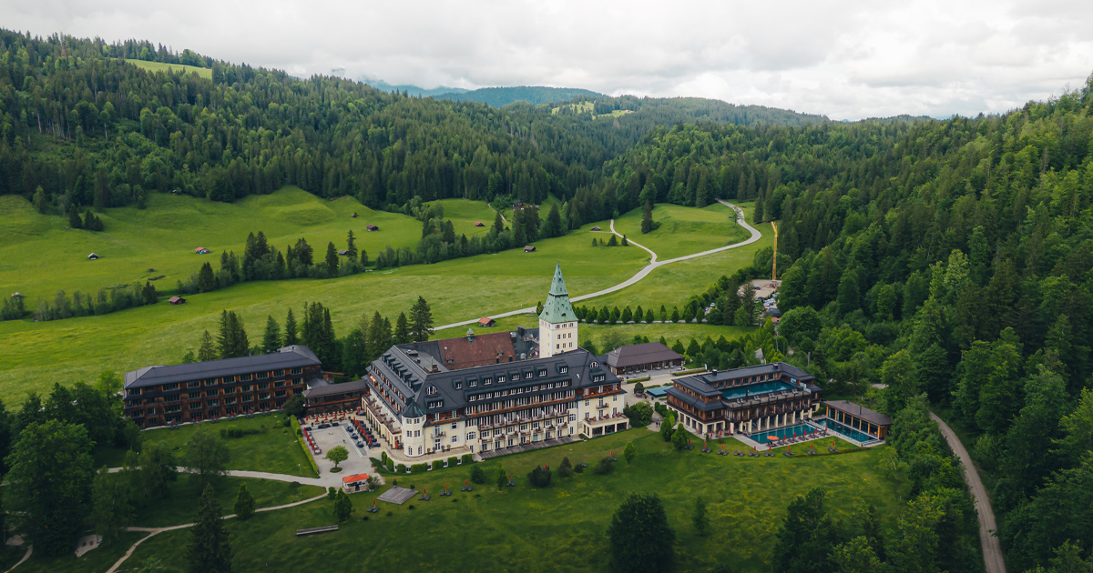 Schloss Elmau resort seen from above in the Bavarian Alps