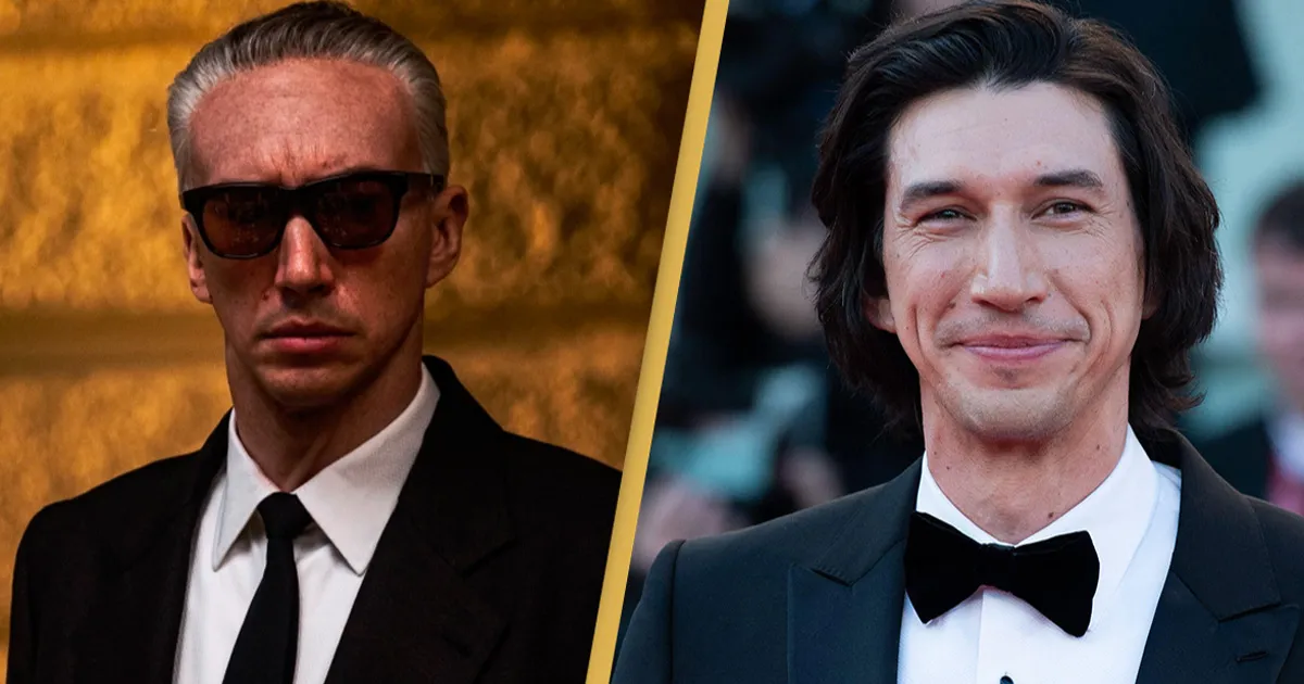 Adam Driver seen as Enzo Ferrari next to the actor’s natural look.