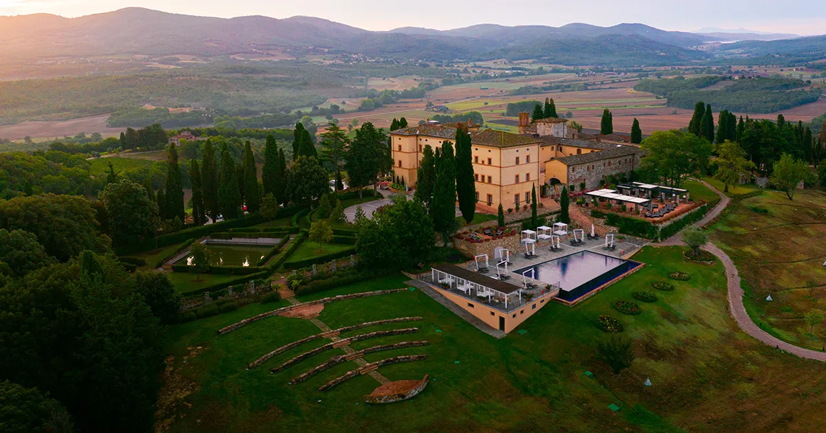 Elevated angle of Castello di Casole and its grounds in Tuscany, Italy.