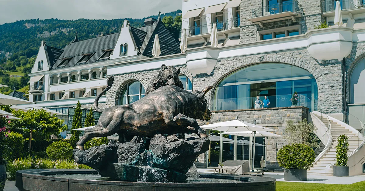 A sculpture of a bull in front of the Park Hotel Vitznau, Switzerland