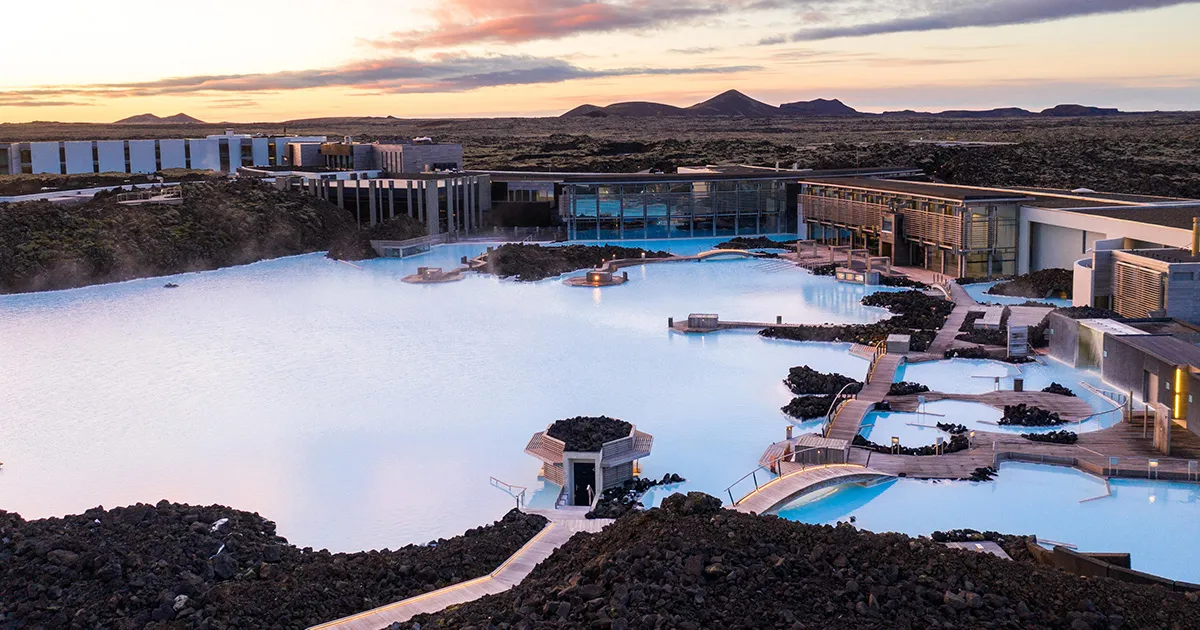 The luxurious Retreat Hotel and the surrounding Blue Lagoon in Iceland.