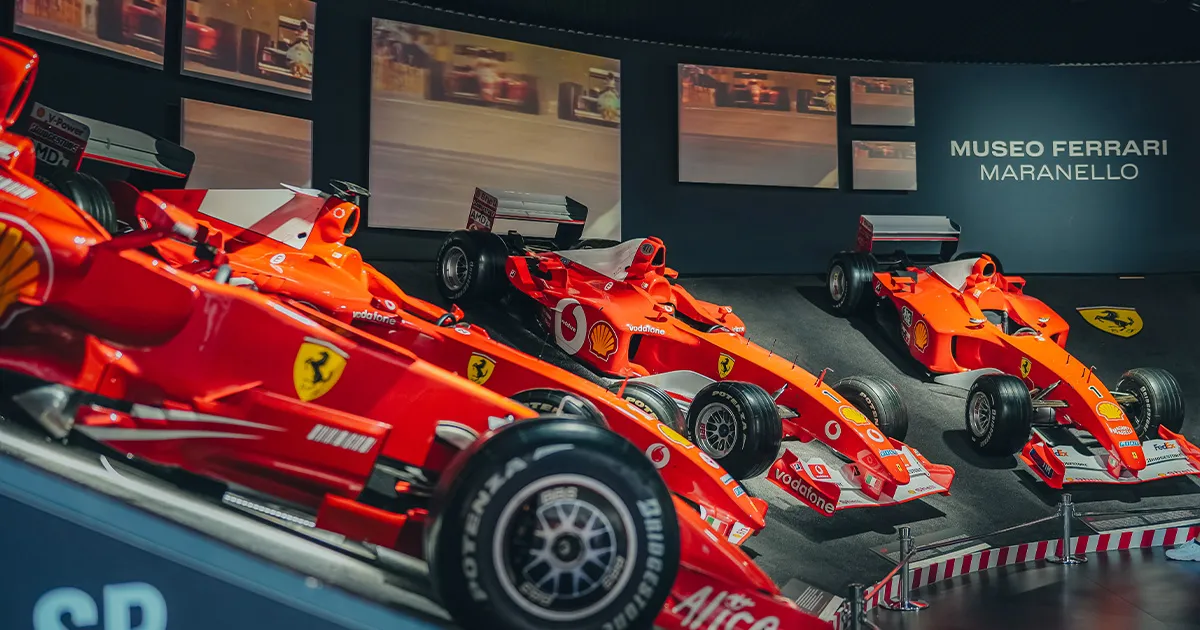 A selection of Ferrari F1 cars on display at Museo Ferrari in Maranello.
