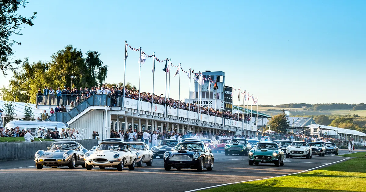 A large pack of classic racing cars scorches off the starting line as a crowd watches on from the stands at Goodwood Festival of Speed.