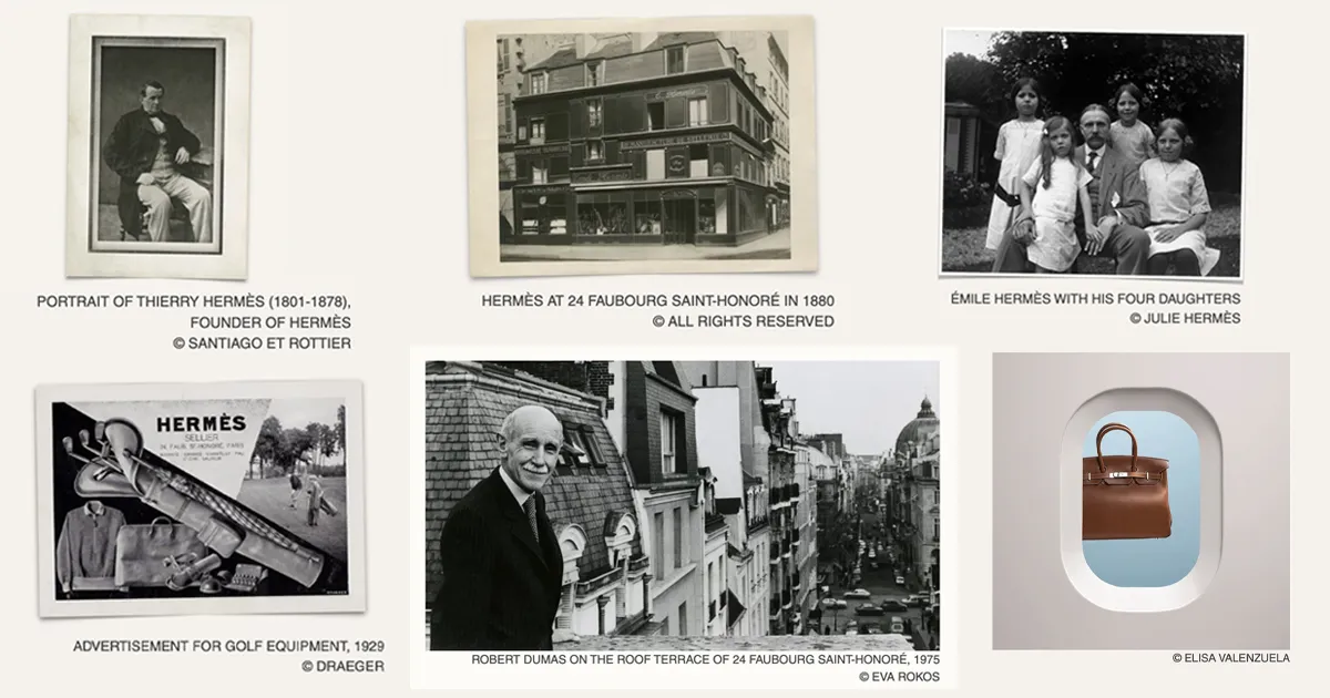 A photographic timeline of important company milestones for the Hermès brand.