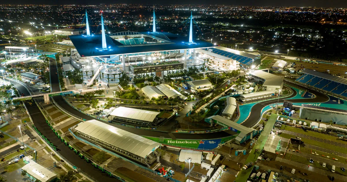 Hard Rock Stadium Circuit seen from the night sky under the bright lights