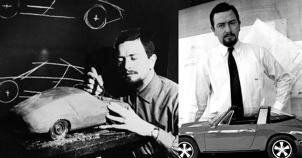 Left: a man sculpting a clay model of a Porsche car. Right: a man stands behind a scale model of a Porsche.