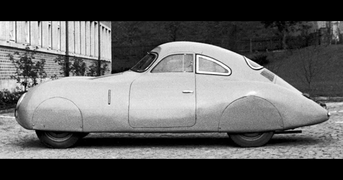 A Porsche Type 64 sitting in front of the Porsche villa in Stuttgart.