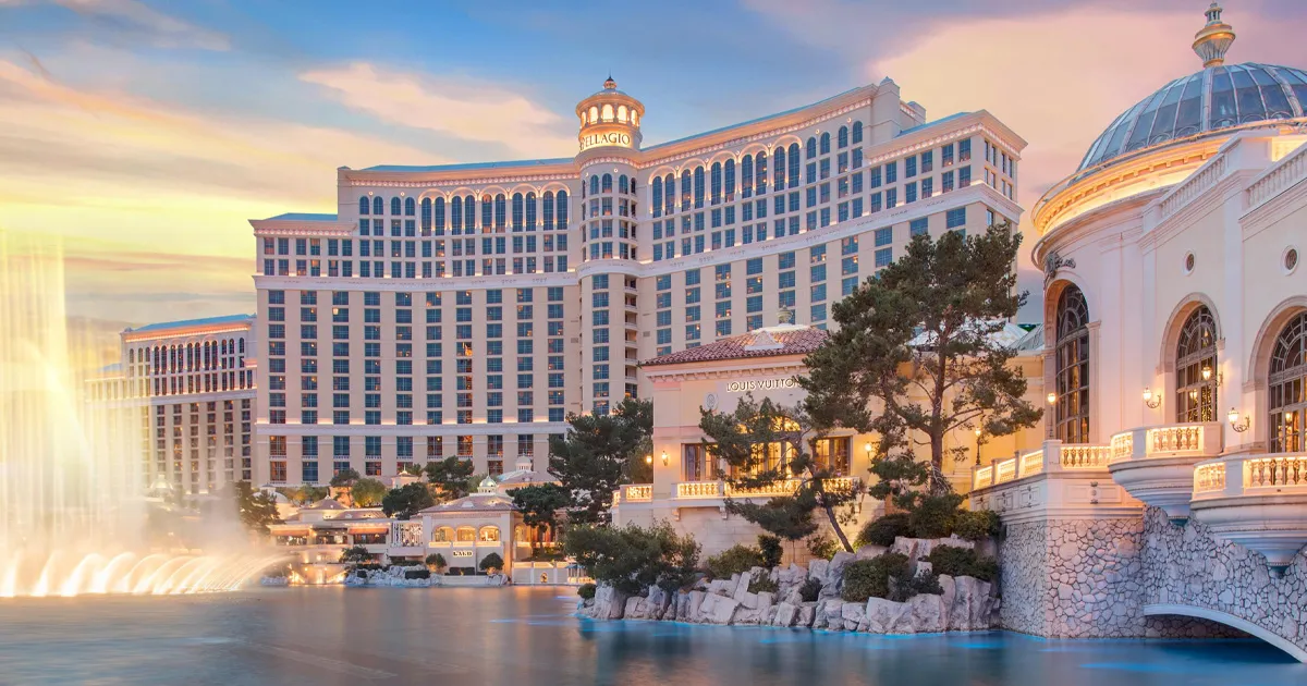 A huge luxury hotel with classy lighting and spectacular fountains, The Bellagio.