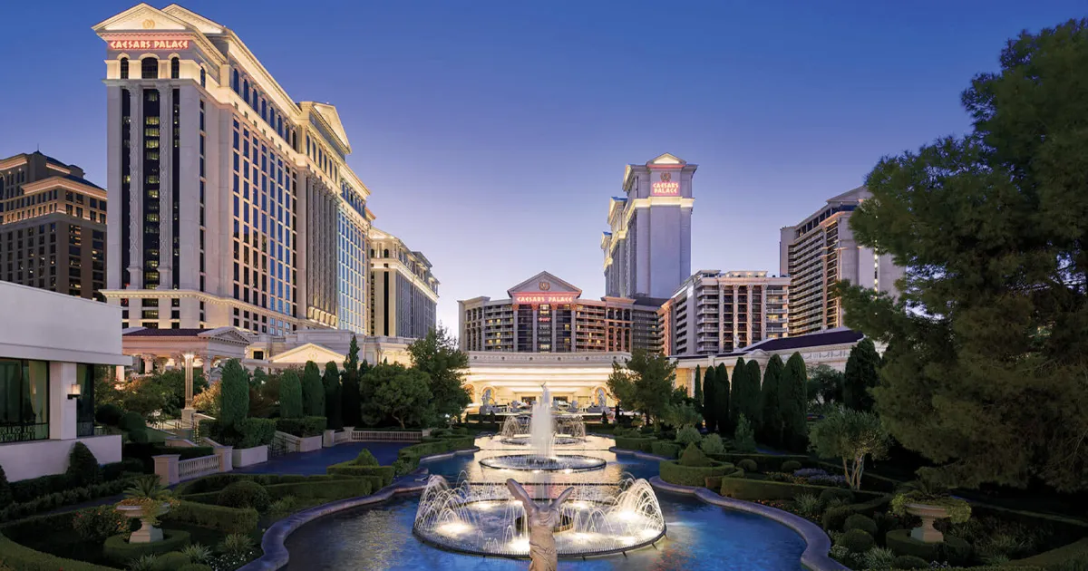 An enormous luxury resort with fountains and Greek architecture, Caesars Palace, Las Vegas.