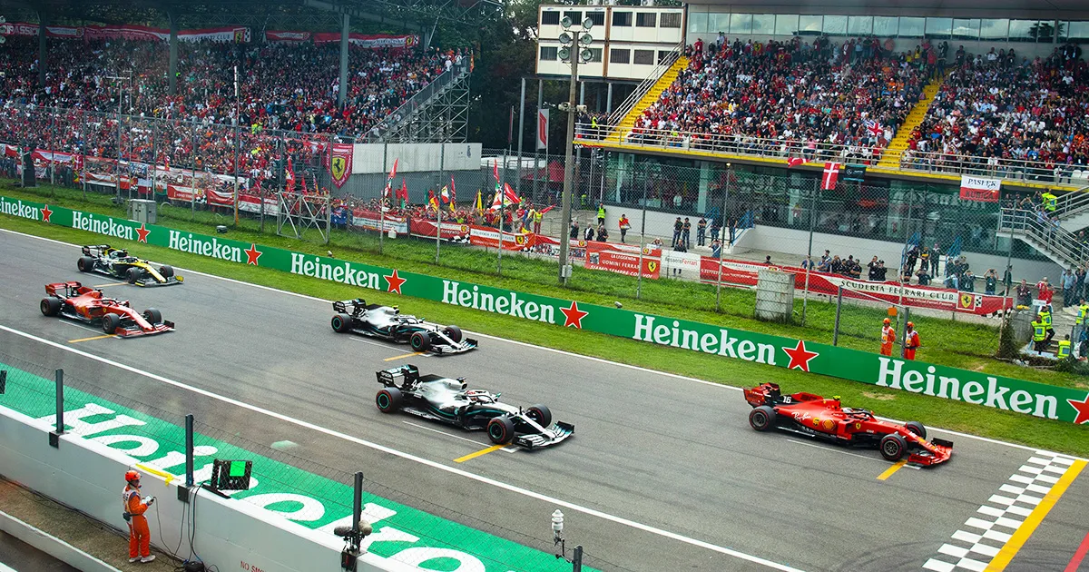 F1 cars on the grid awaiting the start of the race