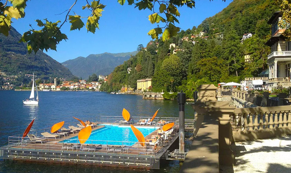 A shot of the Mandarin Oriental hotels swimming pool as it sits on the edge of beautiful Lake Como, Italy