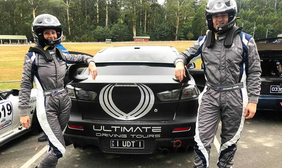 Anthony Moss and Julie Hunter of Ultimate Driving Tours preparing for some tarmac rally action in Tasmania