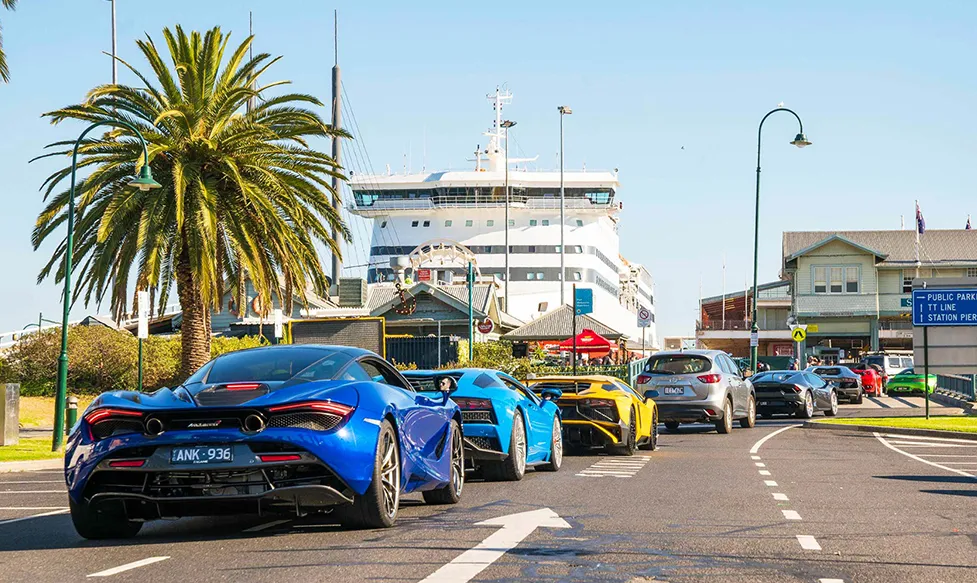 A line of supercars waiting patiently to board the Spirit of Tasmania ferry to Tasmania