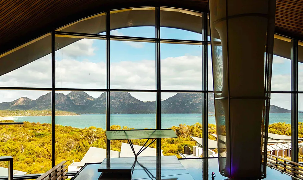 Stunning ocean views from the dining room of your hotel in Tasmania