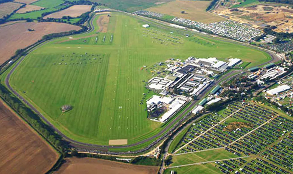 An aerial view of the historic racetrack at Goodwood, West Sussex, UK
