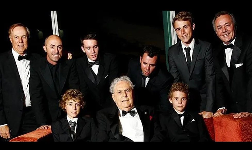 Legendary Australian racing driver Sir Jack Brabham, pictured with his sons before his death in 2014