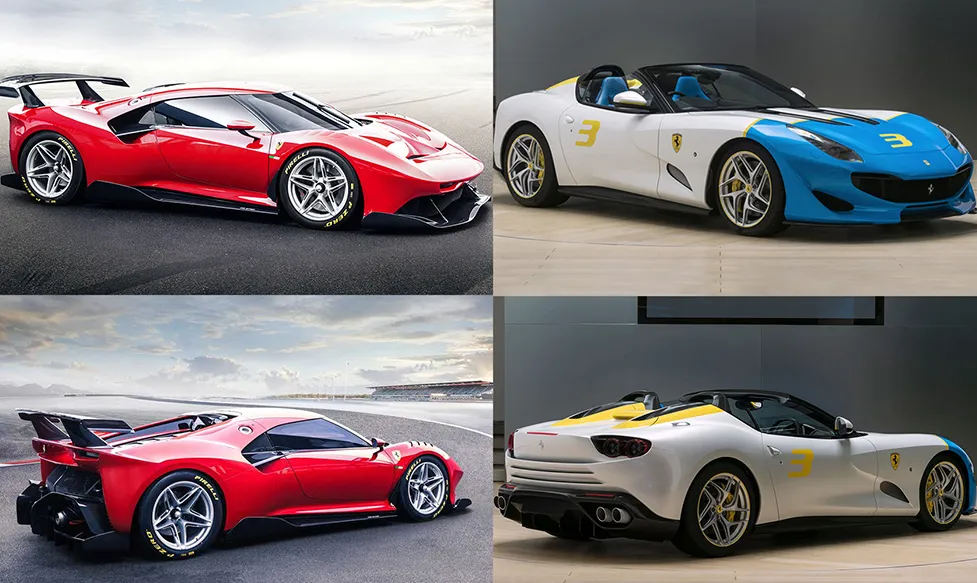 A four-picture collage shows various different Ferrari advanced prototype vehicles as showcased at Goodwood Festival of Speed