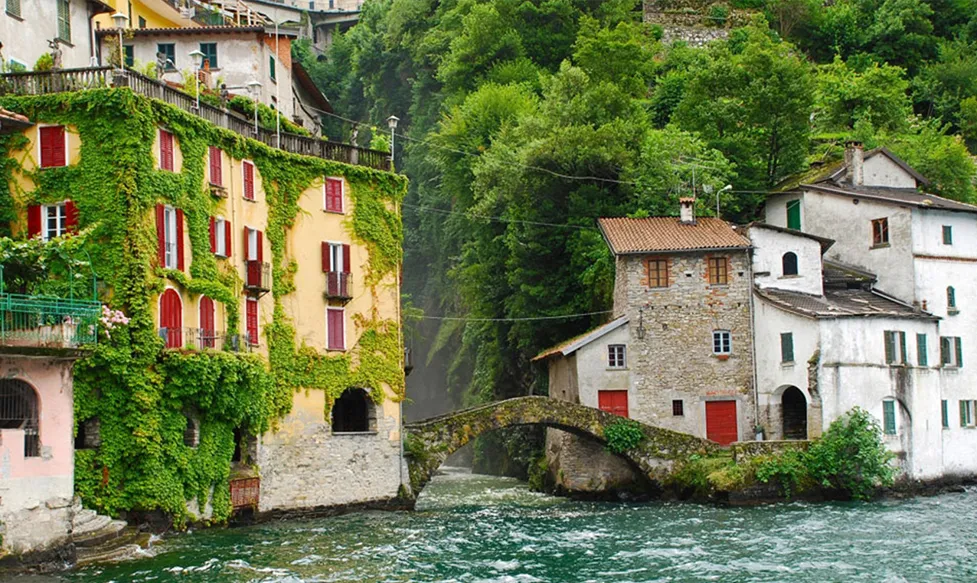 19th century villas sit on the water's edge at Lake Como, Italy