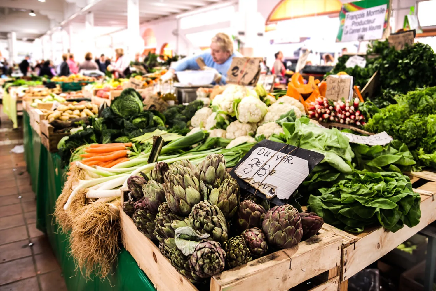 Interior of a fresh food market in Provence, France