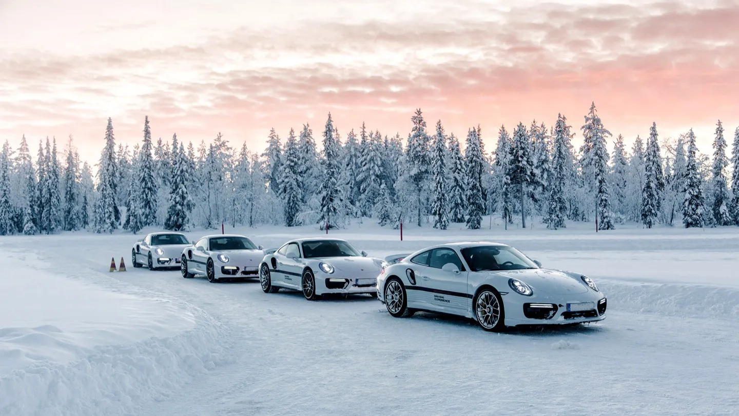 Four Porsches ready to drive on snow in Lapland