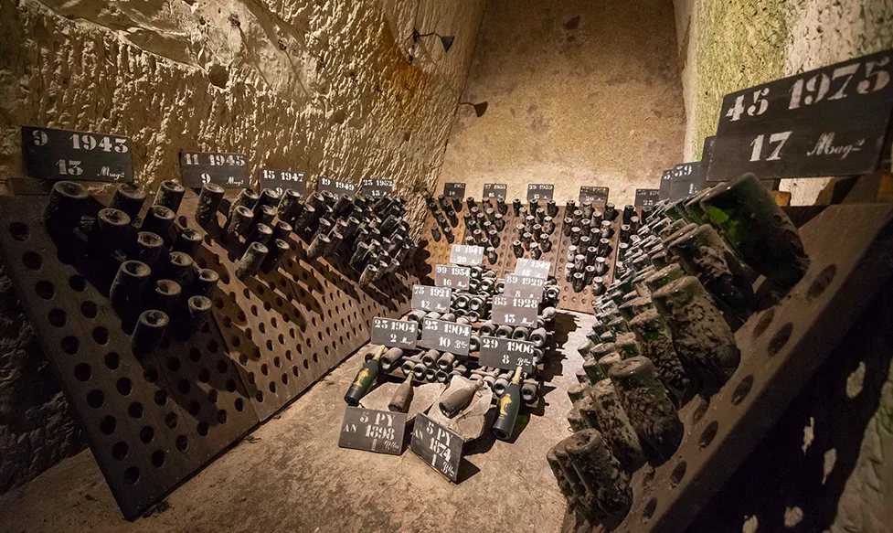 Bottles of vintage champagne sit in dusty racks in a wine cellar in Champagne, France