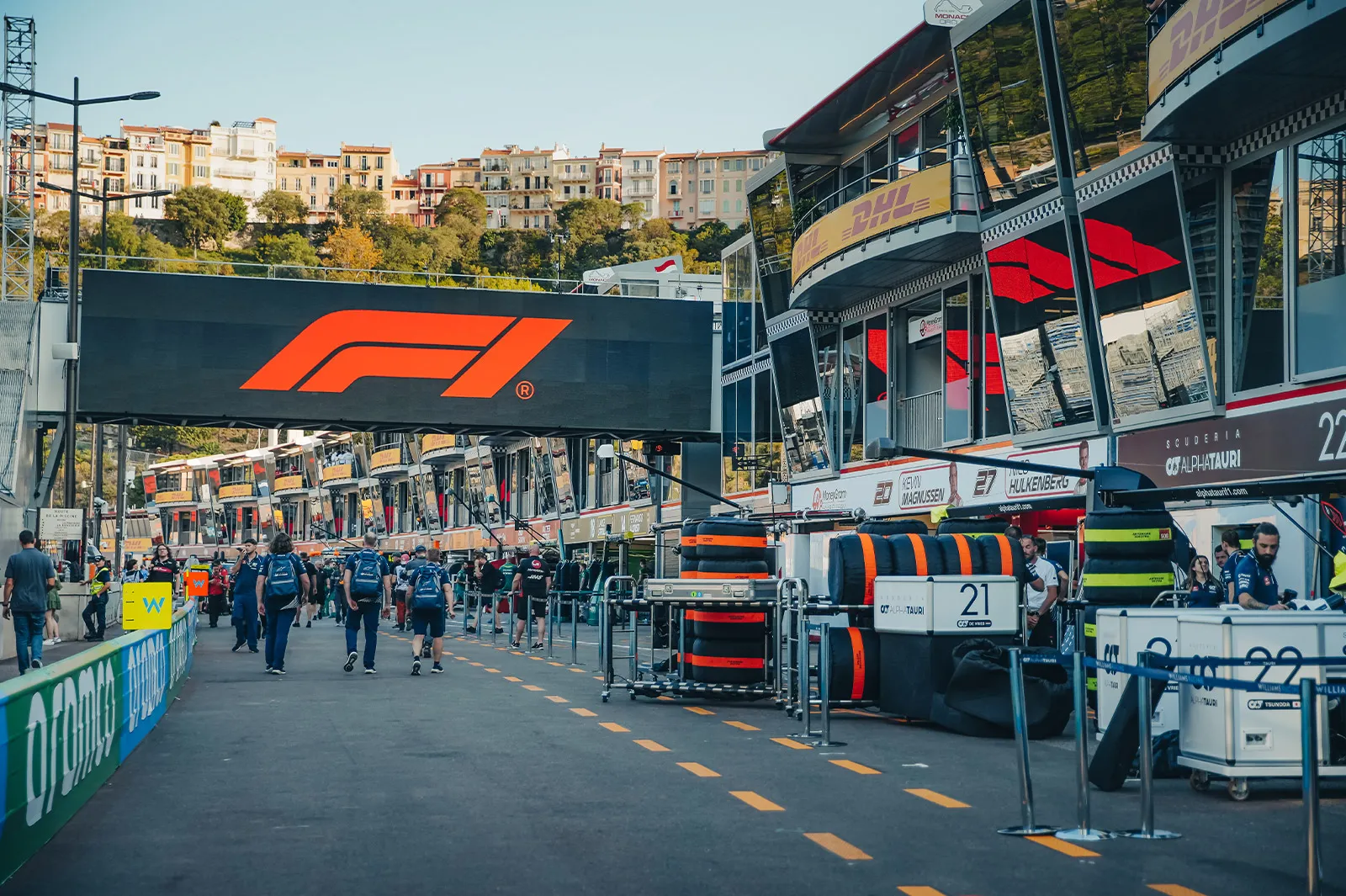 People walk on the Monaco street circuit during preparations for the Grand Prix