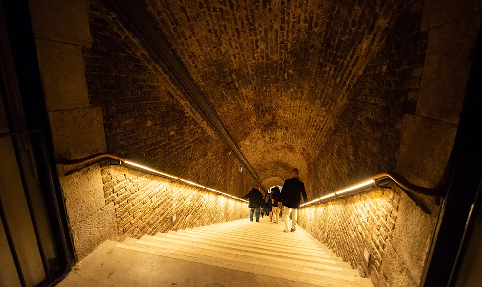 A group of guests on a supercar driving tour descend a long staircase in Champagne, France.