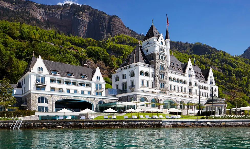 The Park Hotel Vitznau seen from the waters of Lake Lucerne, Switzerland