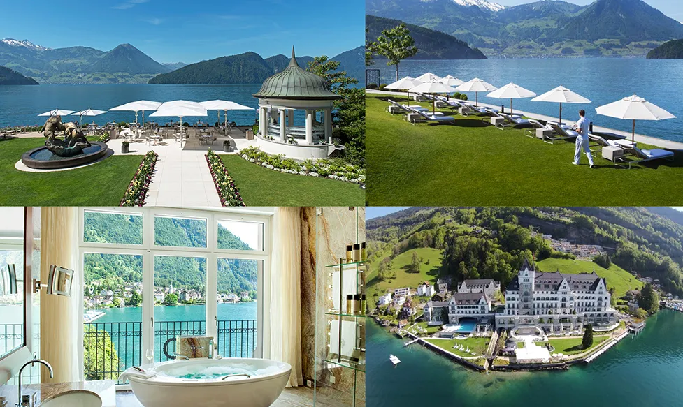 A four-photo collage showing the incredible features of the Park Hotel Vitznau, Switzerland