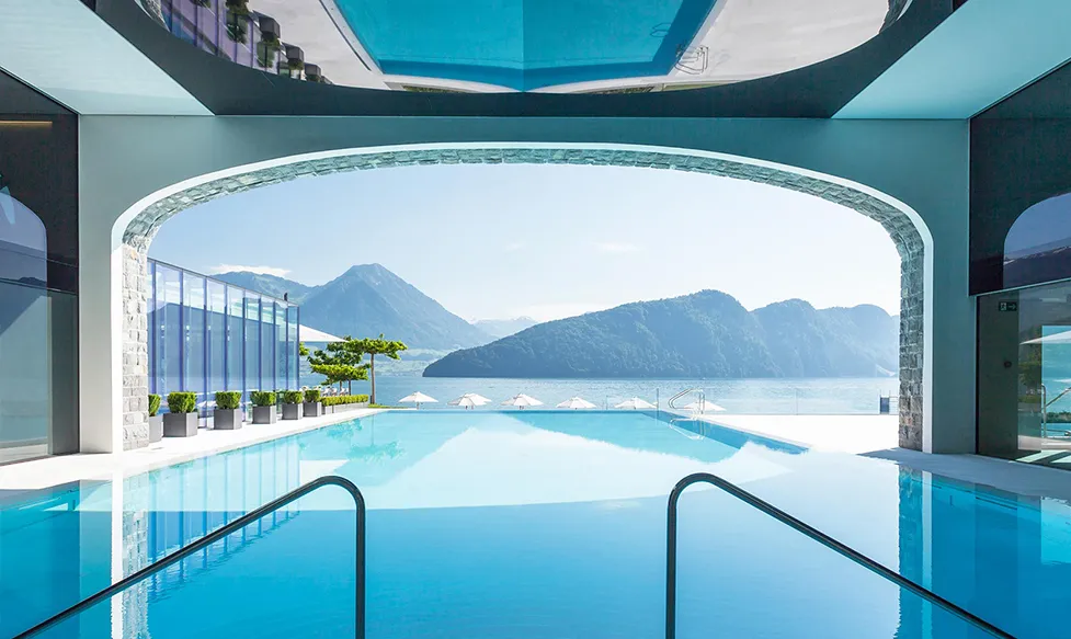 Views across Lake Lucerne seen from the swimming pool at the Park Hotel Vitznau, Switzerland