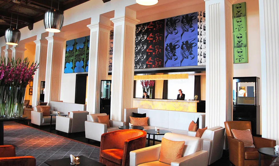 Andy Warhol paintings above the reception at the Dolder Grand Zurich hotel, Switzerland