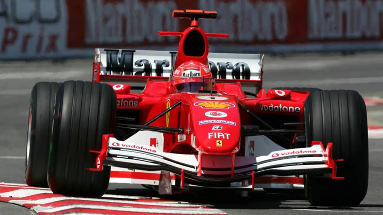 Michael Schumacher tackling the Monaco Grand Prix track in his red Ferrari